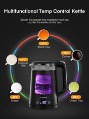 1.7L Glass Electric Tea Kettle – 5 Temp Control, Keep Warm, Fast Boil 2200W, Auto Shut-Off, LED Lights – Black
