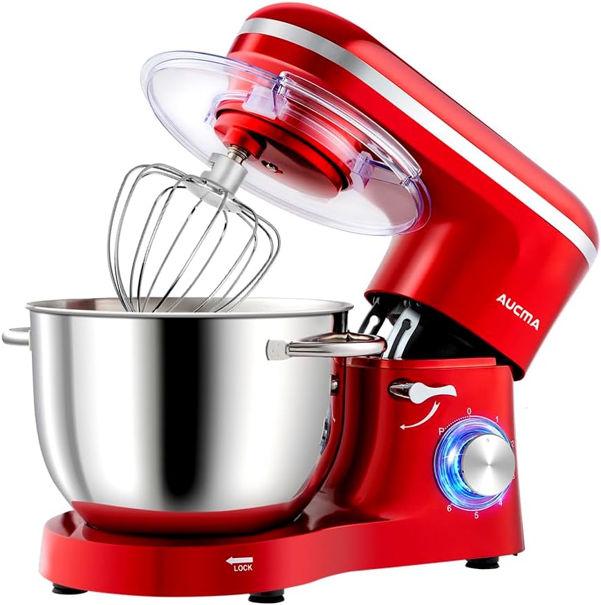 Stand Mixer 6.2L 1400W Tilt-Head Electric Food Mixer with Dough Hook, Whisk & Beater – 2-Layer Red Coating – Red