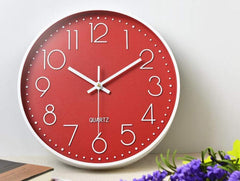 12-Inch Silent Non-Ticking Wall Clock, Modern Red Battery Clock for Home & Office