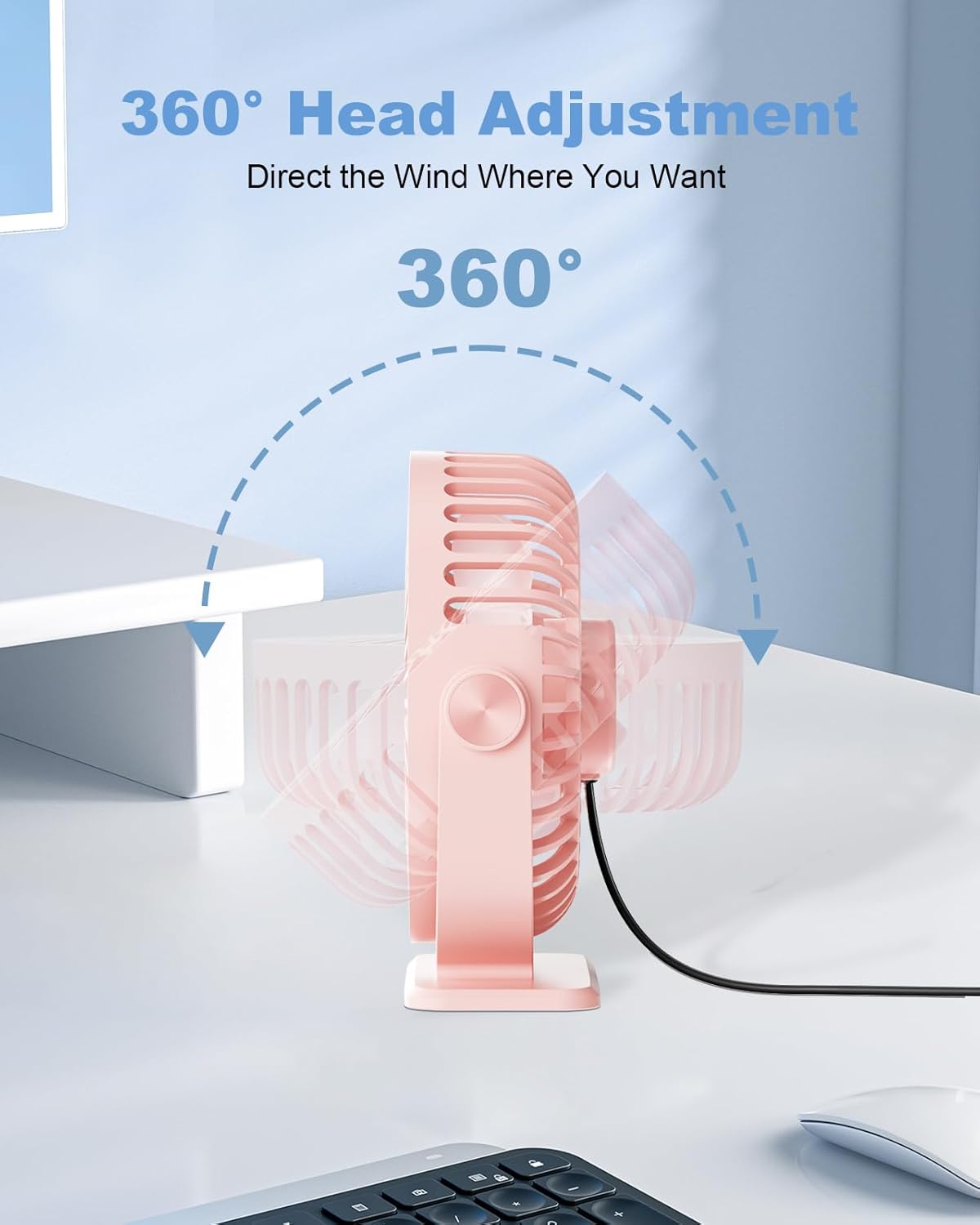 TriPole Desk Fan for Home, Portable USB Handheld Fan 3 Speeds Powerful Table Fan Silent, 360°Adjustable Mini Cooling Fans, Electric small Desktop Quiet Fans for Bedroom, Office, Library, Travel,Pink