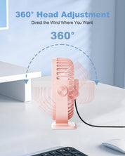 TriPole Desk Fan for Home, Portable USB Handheld Fan 3 Speeds Powerful Table Fan Silent, 360°Adjustable Mini Cooling Fans, Electric small Desktop Quiet Fans for Bedroom, Office, Library, Travel,Pink