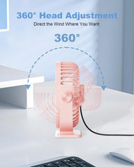 TriPole Desk Fan for Home, Portable USB Handheld Fan 3 Speeds Powerful Table Fan Silent, 360°Adjustable Mini Cooling Fans, Electric small Desktop Quiet Fans for Bedroom, Office, Library, Travel,Pink