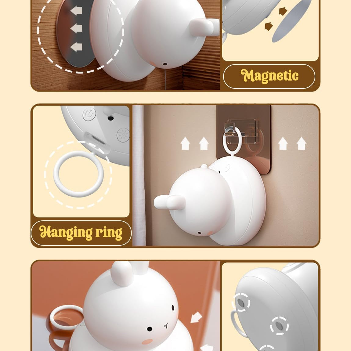 Product showing a white animal-shaped holder with magnetic, hanging ring, and non-slip mat features on a beige background.