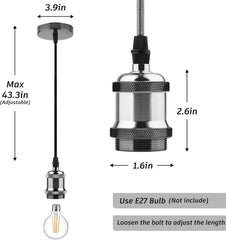 Measurement chart of a pendant light fixture with dimensions and bulb information.