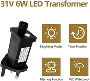 31V LED Transformer Plug with Timer & 8 Modes – Power Supply for Christmas Tree, Net, and Icicle Lights