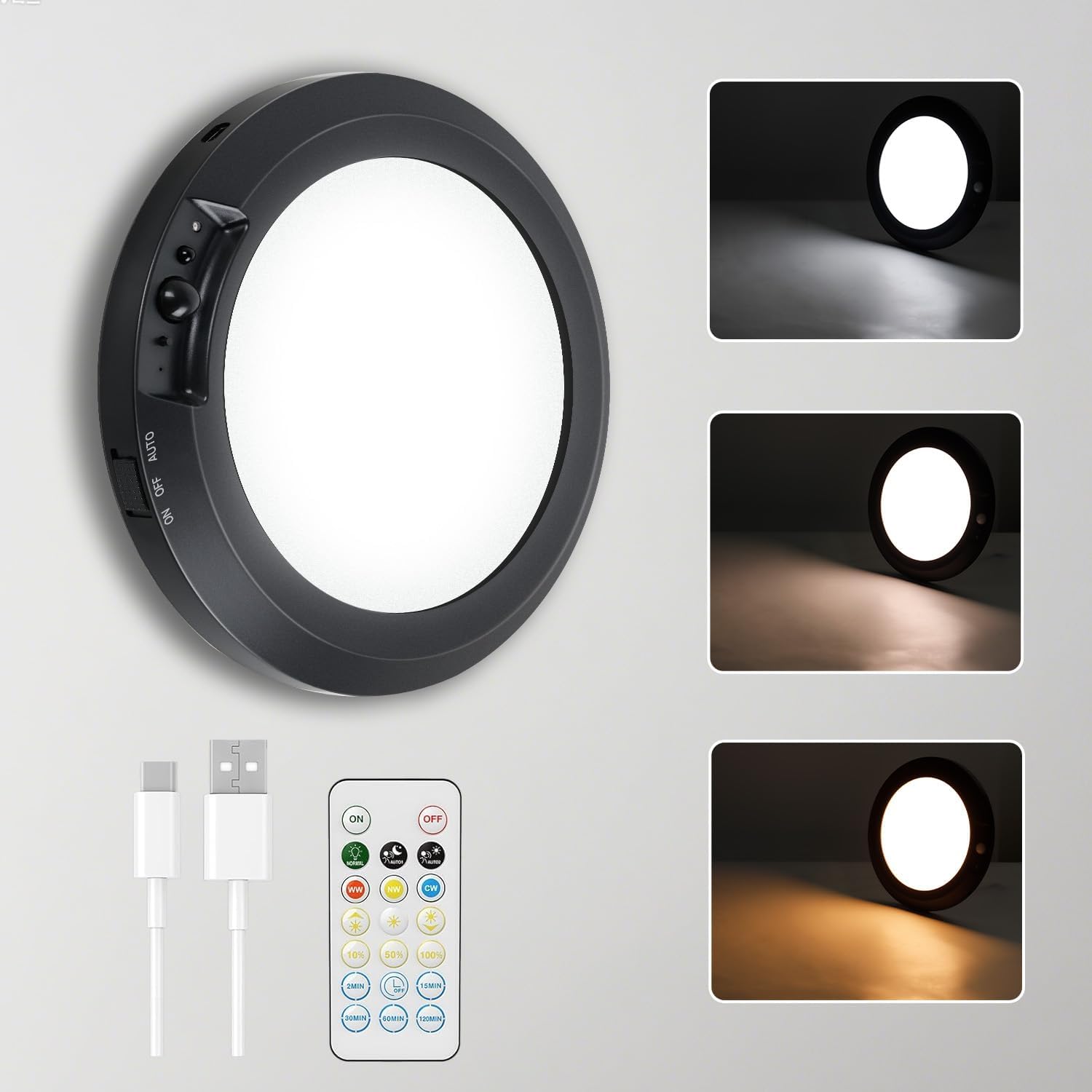 Battery Powered Ceiling Light with Remote – Rechargeable Motion Sensor LED, 3 Color Dimmable, Magnetic Mount