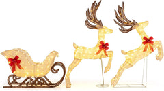 COSTWAY Light Up Reindeer Sleigh with 280 Warm White LED Lights – Outdoor Christmas Decoration