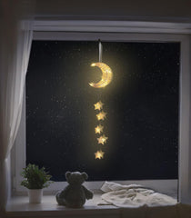 Hanging Moon & Star Fairy Lights, Battery Operated Indoor Decorative Lights with Timer for Bedroom, Window & Ramadan Décor