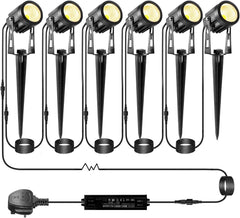 Garden Lights, 21m Extendable to 8, Mains Powered Premium Spotlights, LED 12V Spike Waterproof Uplighter for Patio Path, Warm White, 6-Packs, 18W, 3-Pin Plug Adapter