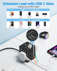 Cube Extension Lead with USB C, 3 Way Plug Tower 4 USB Ports 2M 3250W