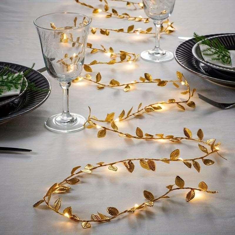 2/3/5M LED Gold Color Leaves String Lights for Wedding Birthday Party Decoration Home Wall Decor Outdoor Garden Artificial Plant Vine Light (5m/196.8inch)