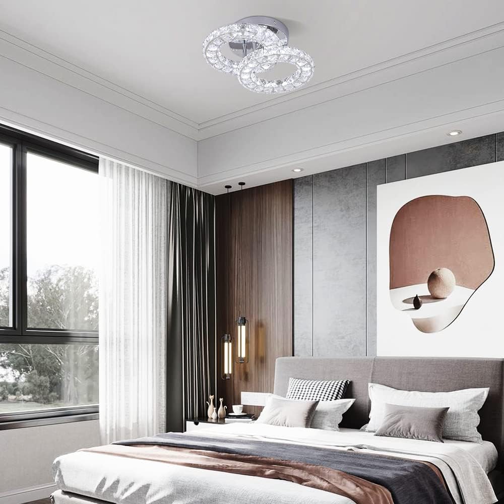 Crystal LED Ceiling Light Fixture, Modern 2-Ring Flush Mount Chandelier
