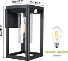 Black outdoor wall light fixture with dimensions and a bulb on a white background