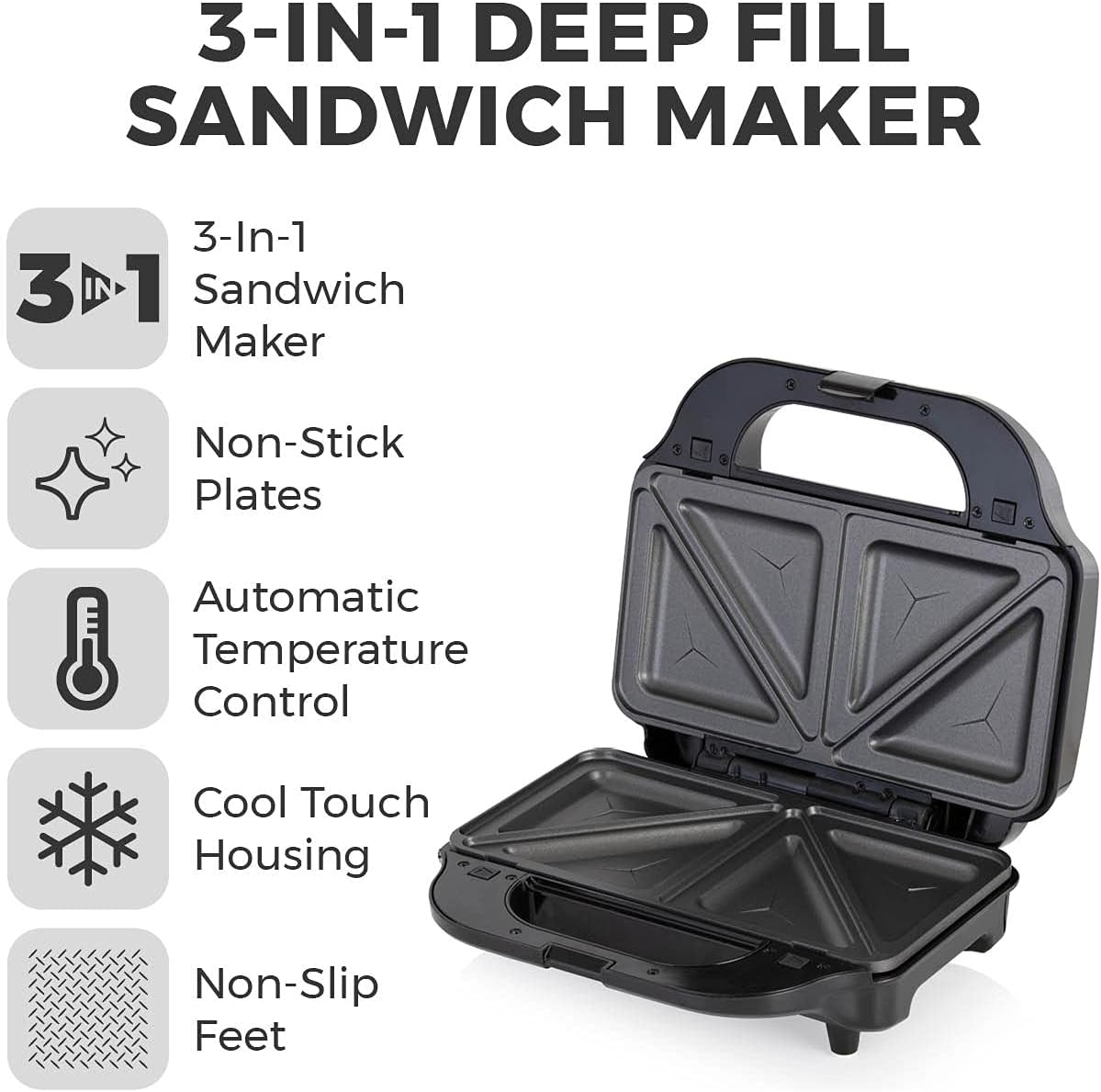 3-in-1 Deep Fill Sandwich Maker with Waffle & Grill Plates, 900W