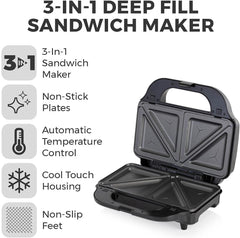 3-in-1 Deep Fill Sandwich Maker with Waffle & Grill Plates, 900W