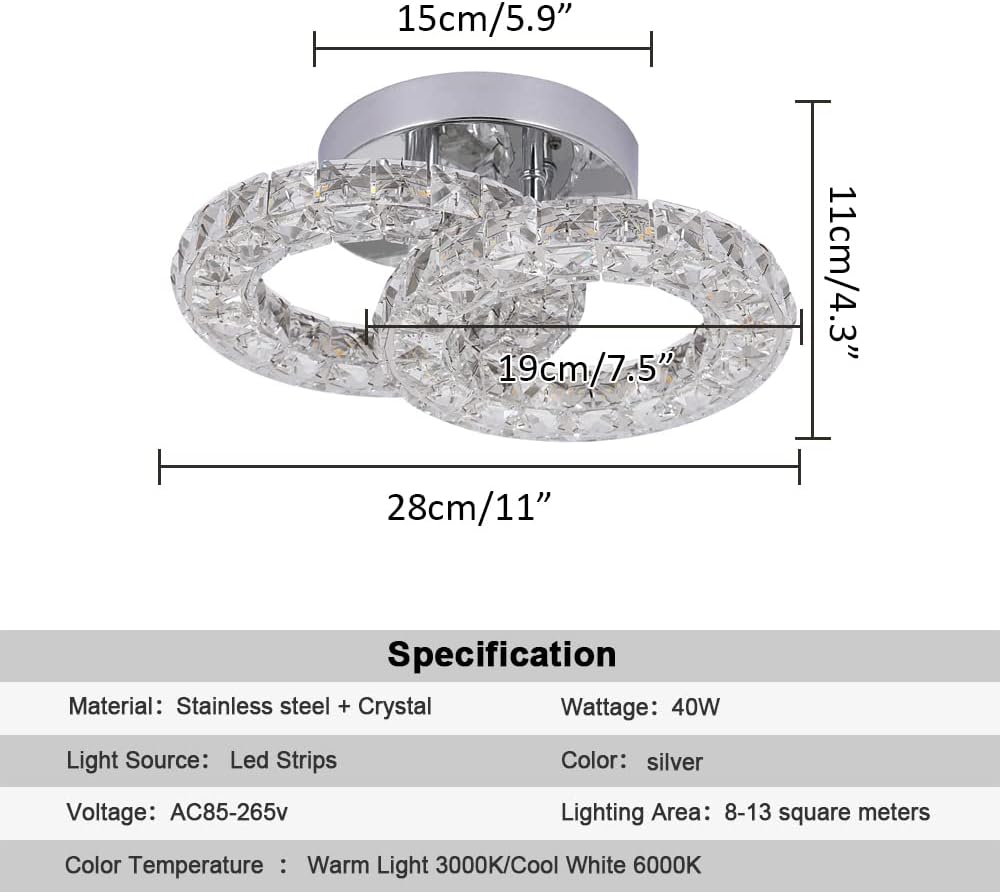 Crystal LED Ceiling Light Fixture, Modern 2-Ring Flush Mount Chandelier