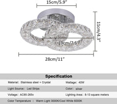 Crystal LED Ceiling Light Fixture, Modern 2-Ring Flush Mount Chandelier
