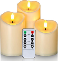 Waterproof Flickering Flameless Candles, Outdoor Battery Operated LED Pillar Candles with Remote Control Timer, Electric Fake Plastic Candles, Ivory, Set of 3