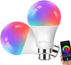 ANTELA Smart Bulb B22, 9W RGB, 2700K-6500K, Dimmable, WiFi, Works with Alexa & Google Home, 2 Pack