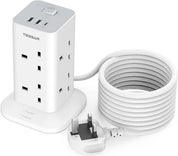 8-Way Tower Extension Lead 5M with USB-C & USB Ports, Surge Protected Power Strip
