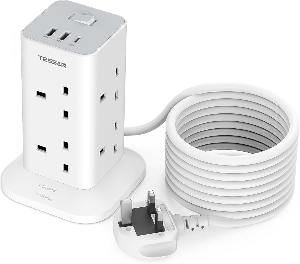 8-Way Tower Extension Lead 5M with USB-C & USB Ports, Surge Protected Power Strip