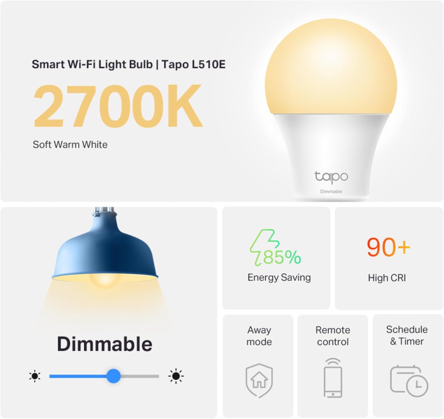 Tapo Smart Bulb, Smart WiFi LED Light, E27, 9W, Works with Amazon Alexa(Echo and Echo Dot), Google Home, Dimmable Soft Warm White, No Hub Required L510E [Energy Class F] (Pack of 2)