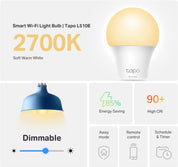 Tapo Smart Bulb, Smart WiFi LED Light, E27, 9W, Works with Amazon Alexa(Echo and Echo Dot), Google Home, Dimmable Soft Warm White, No Hub Required L510E [Energy Class F] (Pack of 2)
