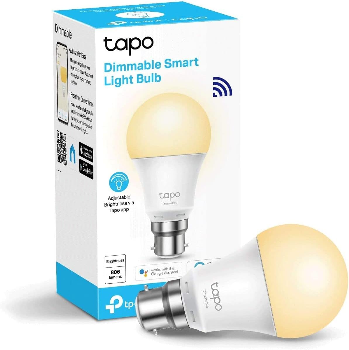 Tapo WiFi Smart Bulb B22, 8.7W, Dimmable Warm White, Works with Alexa & Google Home