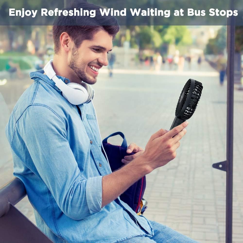 EasyAcc Handheld Fan, Portable USB Fan [Powerful Wind & Quick Cool] Up to 17H 4 Speeds Personal Fan with One Touch Power Off Rechargeable Battery Foldable Adjustable for Home Office Travel-Black