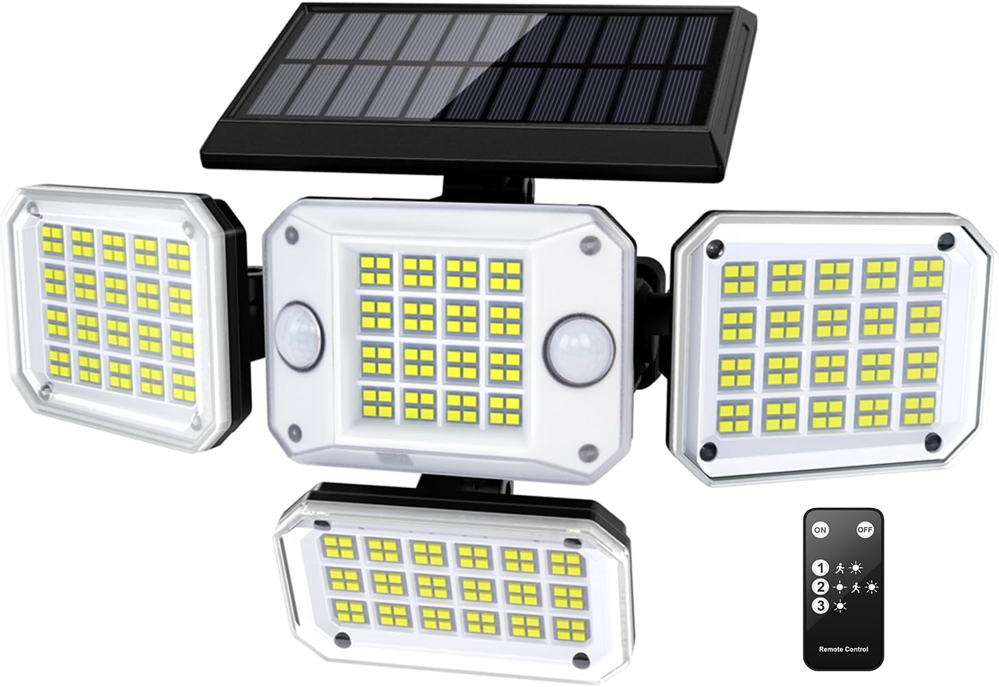 Solar Security Lights Outdoor – Dual Motion Sensor 296 LED 3500LM Flood Lights with Remote Control, IP65 Waterproof, 4 Heads 330° Wide Angle Wall Light for Yard, Garage, Garden