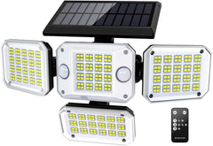 Solar Security Lights Outdoor: Dual Motion Sensor, 296 LED, 3500LM, 7000K Flood Light with Remote Control, IP65 Waterproof, 4 Heads, 330° Wide Angle for Yard, Garage, Garden (1 Pack)