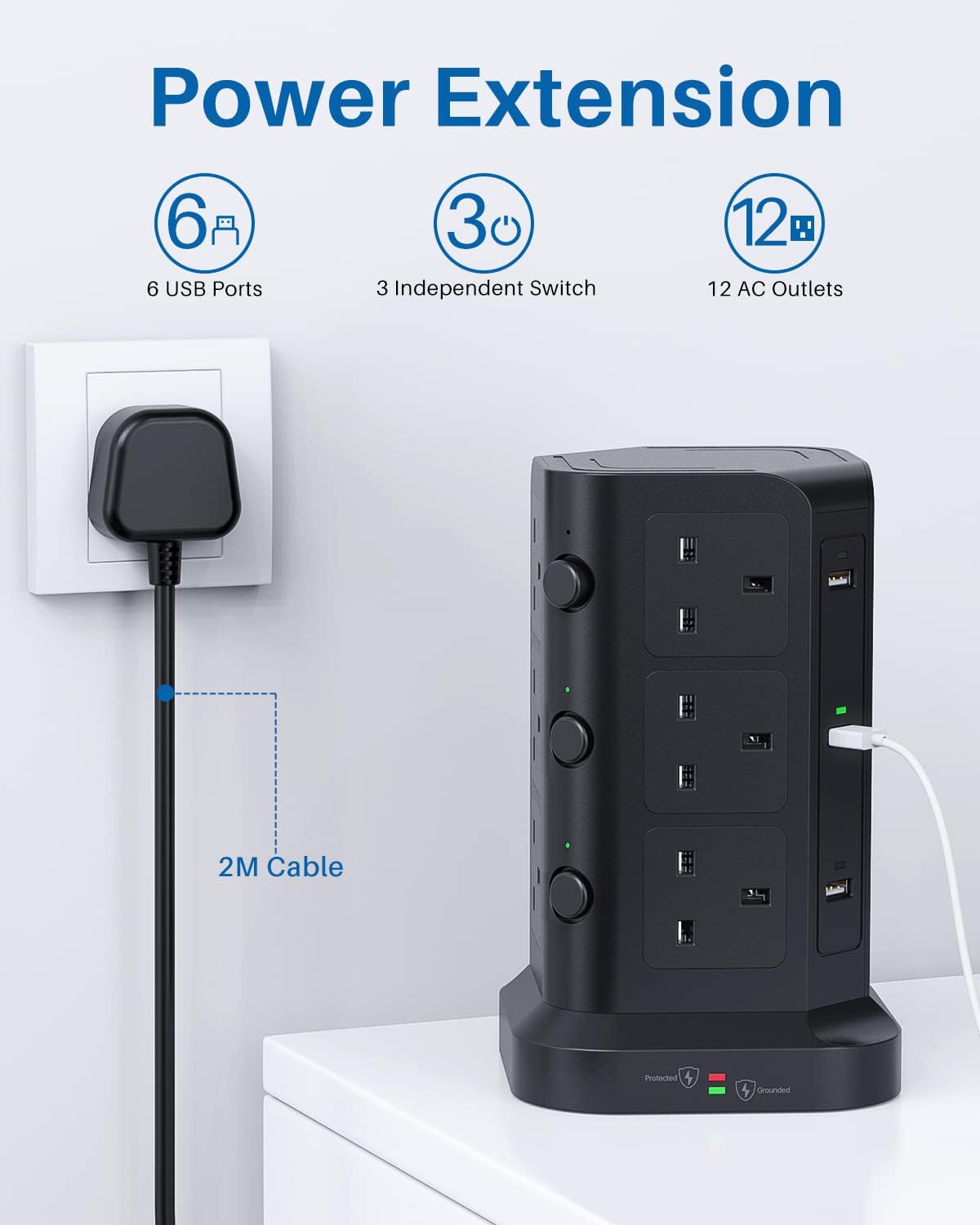 Tower Extension Lead [13A 3250W] with 12 AC & 6 USB Ports, Surge Protected 2M Power Strip