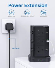 Tower Extension Lead [13A 3250W] with 12 AC & 6 USB Ports, Surge Protected 2M Power Strip
