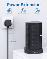 Tower Extension Lead [13A 3250W] with 12 AC & 6 USB Ports, Surge Protected 2M Power Strip