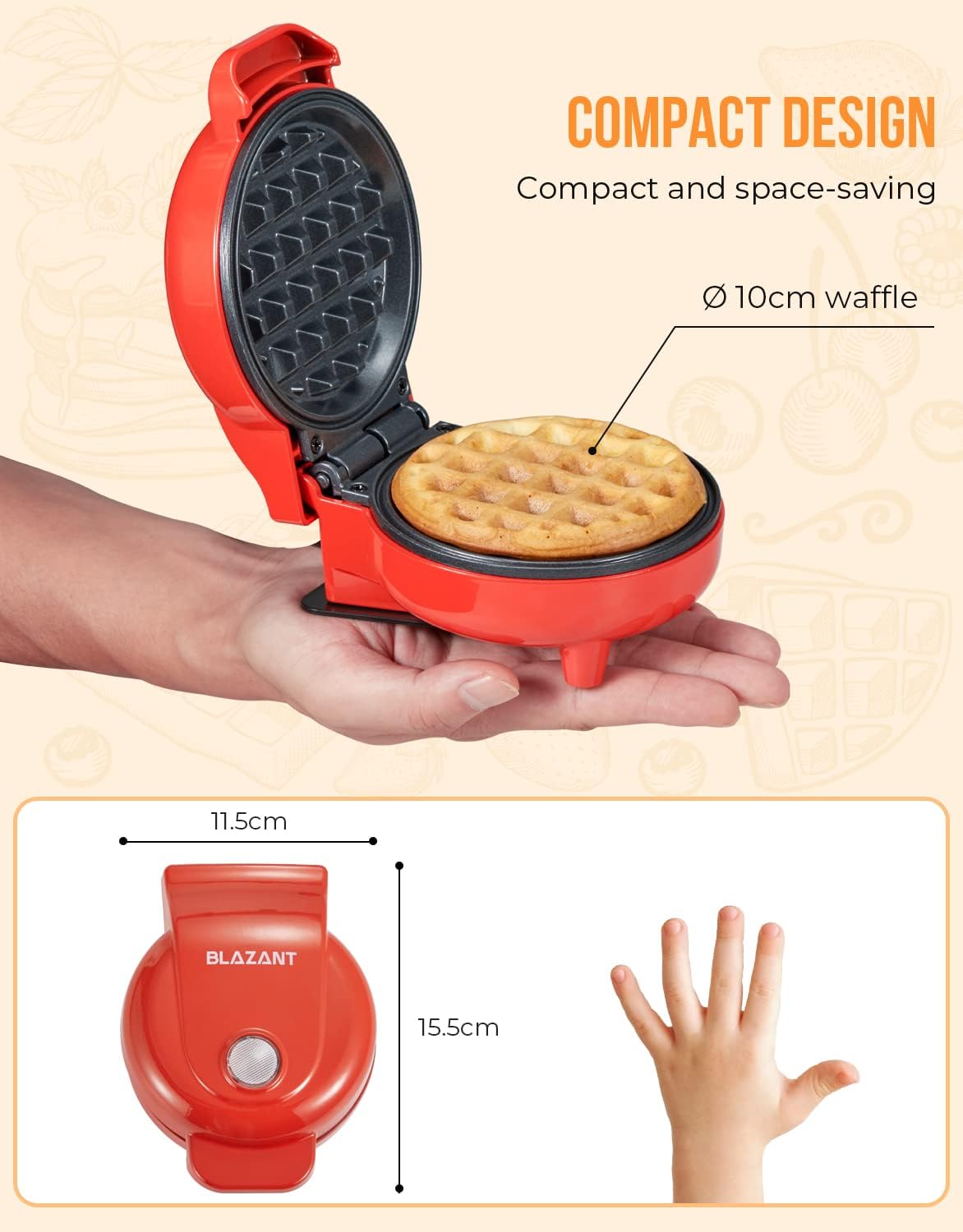 Blazant Mini Waffle Maker – 4 Inch Nonstick Compact Waffle Iron, 550W, Portable Breakfast Chaffle & Snack Maker, Red