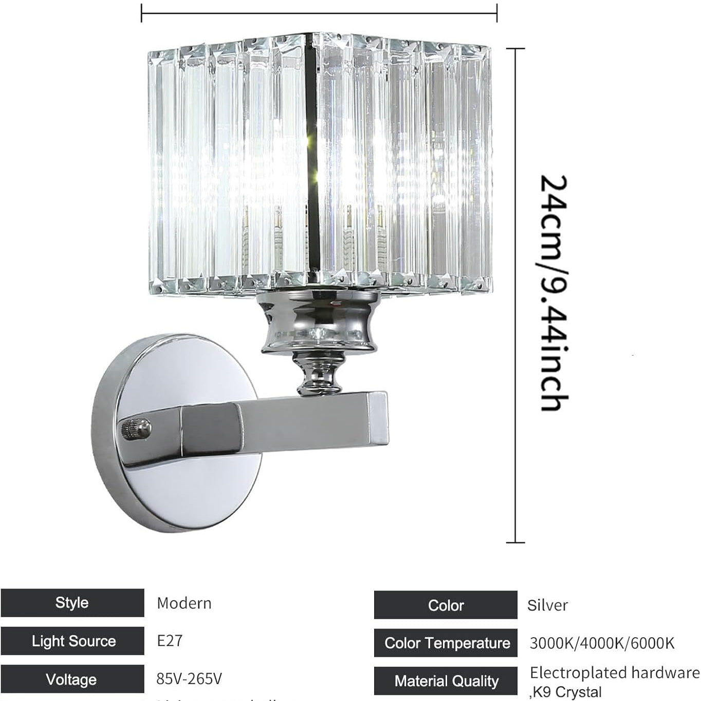 Wall-mounted light fixture with dimensions and technical specifications on a white background