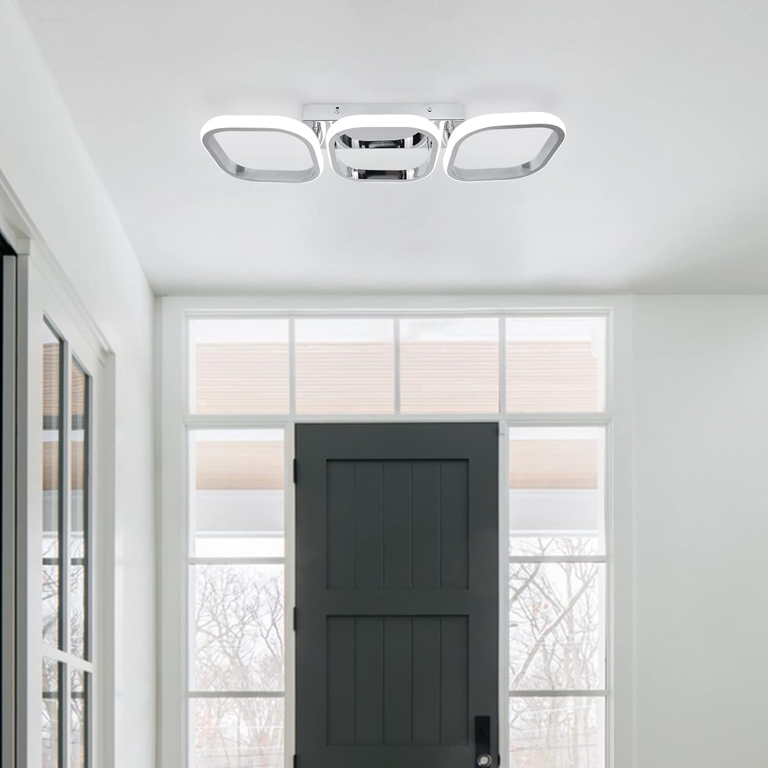 Ceiling light fixture in a room with a door and windows