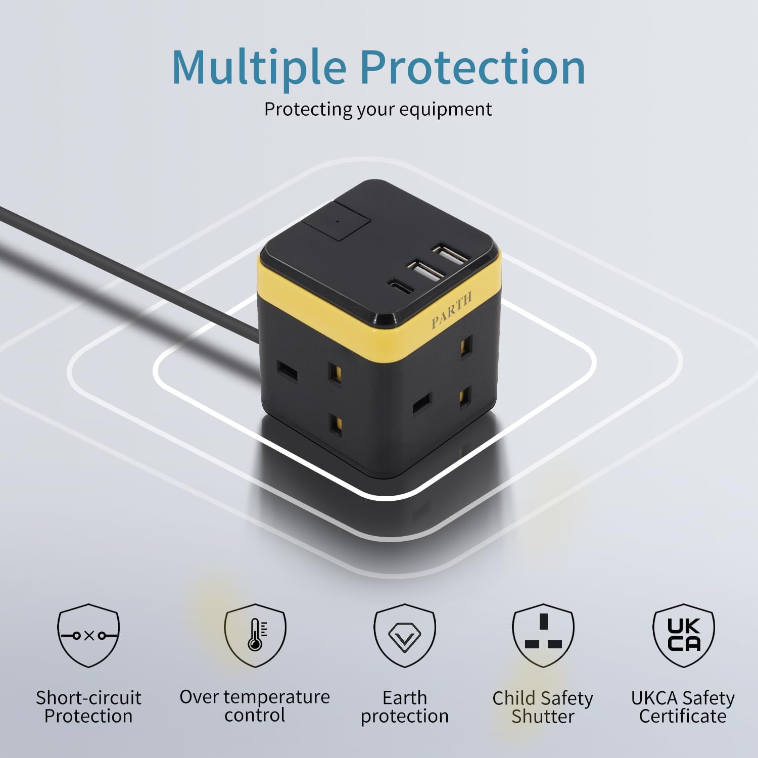 Cube Extension Lead 3 Way with 3 USB (PD 18W) – 2M Cable, 13A/3250W Multi Plug Socket with Switch & Child Safety