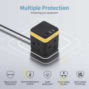 Cube Extension Lead 3 Way with 3 USB (PD 18W) – 2M Cable, 13A/3250W Multi Plug Socket with Switch & Child Safety
