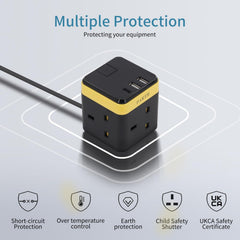 Cube Extension Lead 3 Way with 3 USB (PD 18W) – 2M Cable, 13A/3250W Multi Plug Socket with Switch & Child Safety
