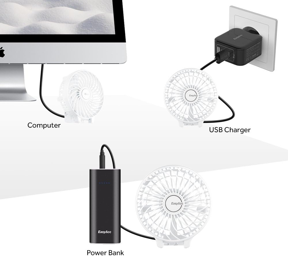 EasyAcc Handheld Fan USB Fans Portable Hand Fan 3 Speeds 180° Foldable with 6 Blades Personal Electric Mini Outdoor Fan with Rechargeable Battery Foldable Handle Desktop for Home Travel Outdoor- White
