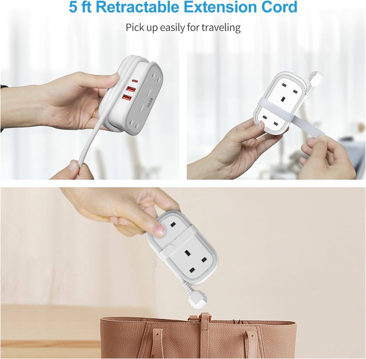 UK to EU Travel Adapter with Retractable USB-C Cable – Type E/F Plug | 6-in-1 Charger