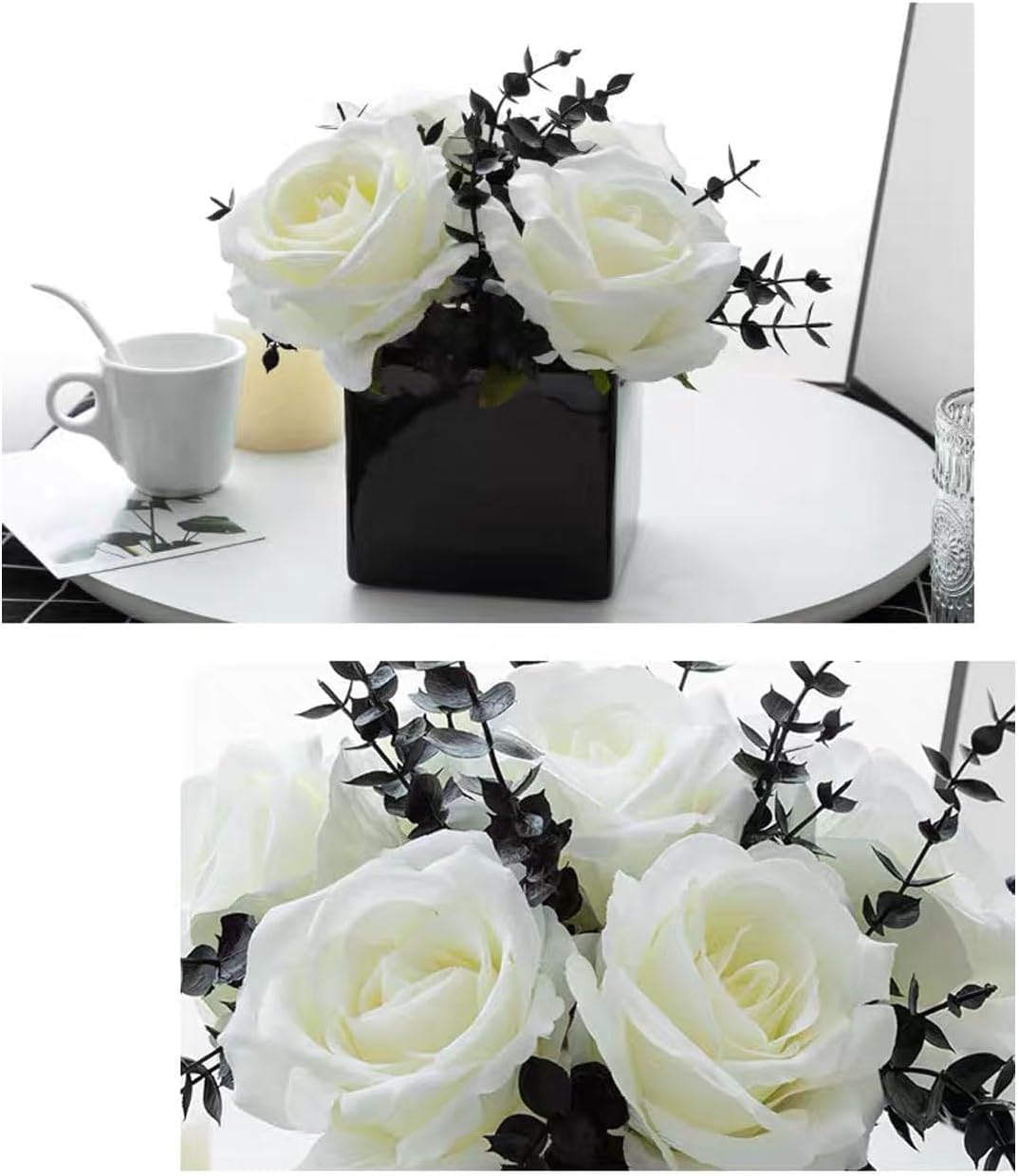 NAWEIDA Artificial Roses in Black Ceramic Vase – Faux Flowers for Home & Wedding Decor