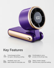 Portable Handheld Turbo Fan - 5 Gear High Speed 4000mAh Rechargeable Mini Personal Hand Fan Blow Cold Air, Battery Operated Travel Essentials, Beach Vacation, Gifts for Women, Men (Purple)