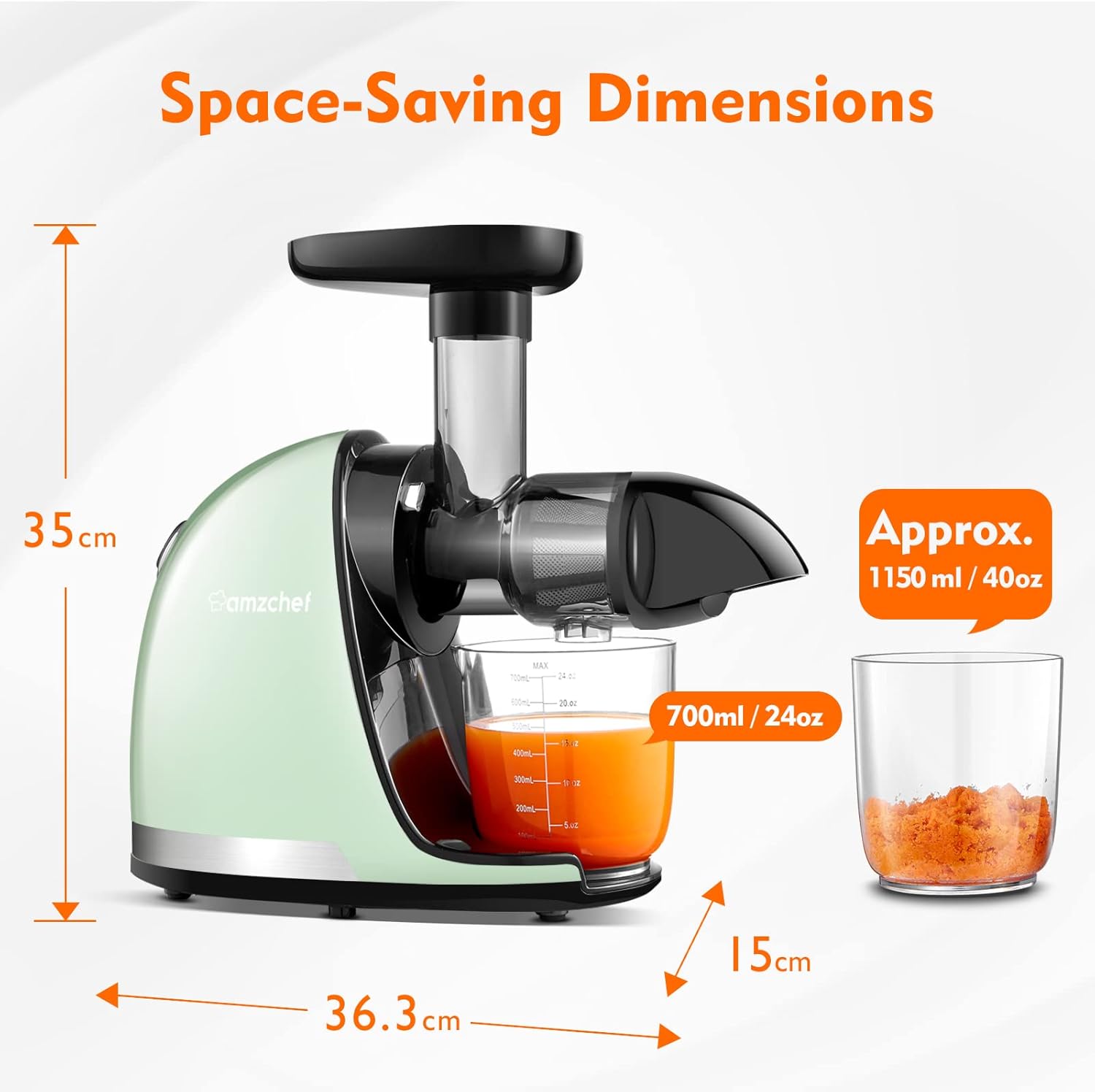 Cold Press Slow Juicer Machine – Masticating Juicer for Whole Fruits & Vegetables – BPA Free Extractor with 2 Cups & Brush – Black