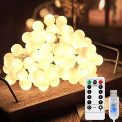 LED Globe Fairy Lights, 32.8ft/10m 80 LED Bulb Globe Fairy Lights 8 Modes, USB LED Ball Lights, IP67 Waterproof, Warm White Fairy Lights with Remote Control, Christmas Lights, Party Decoration