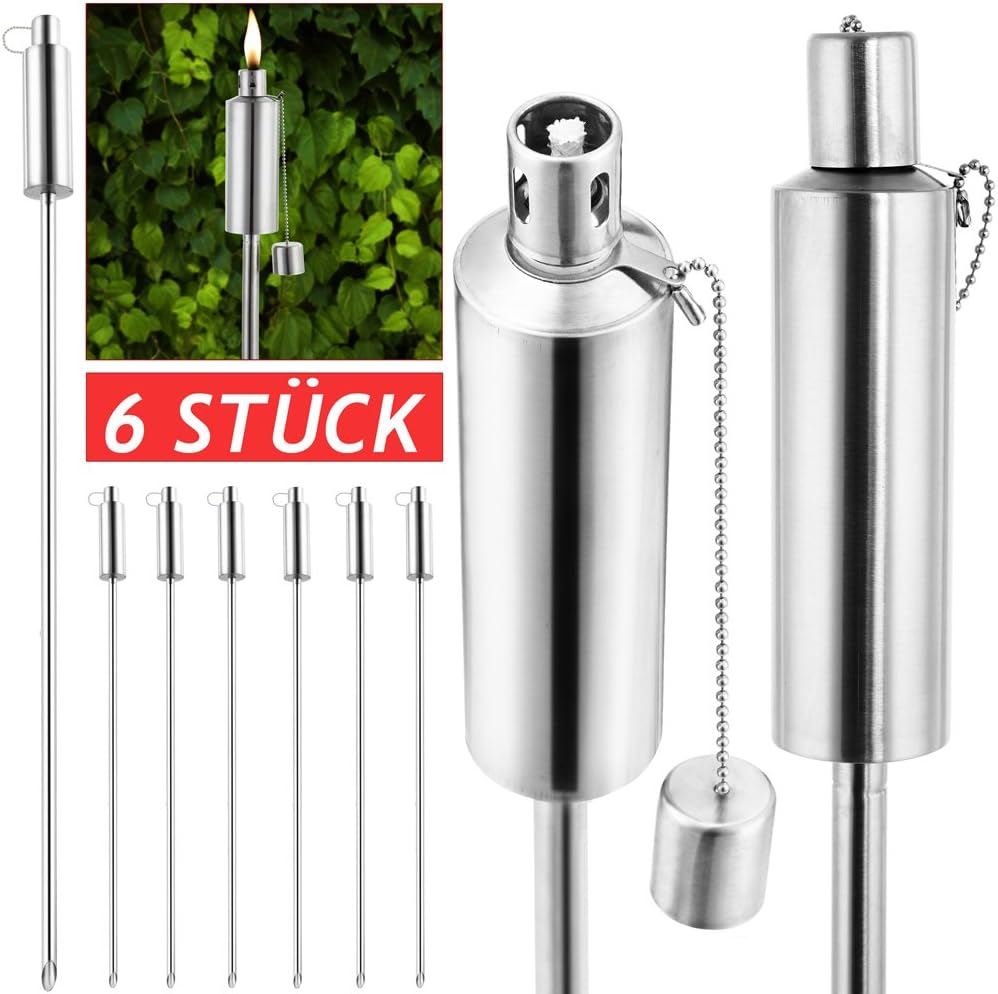 6X Garden Torch Oil Torch Set | Stainless Steel | Lantern Garden Lighting | Extra Long & Extra Strong Wick | Total Volume 330ml | 115cm high