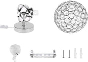 Set of decorative lamp parts including a crystal ball, metal bracket, and screws on a white background.