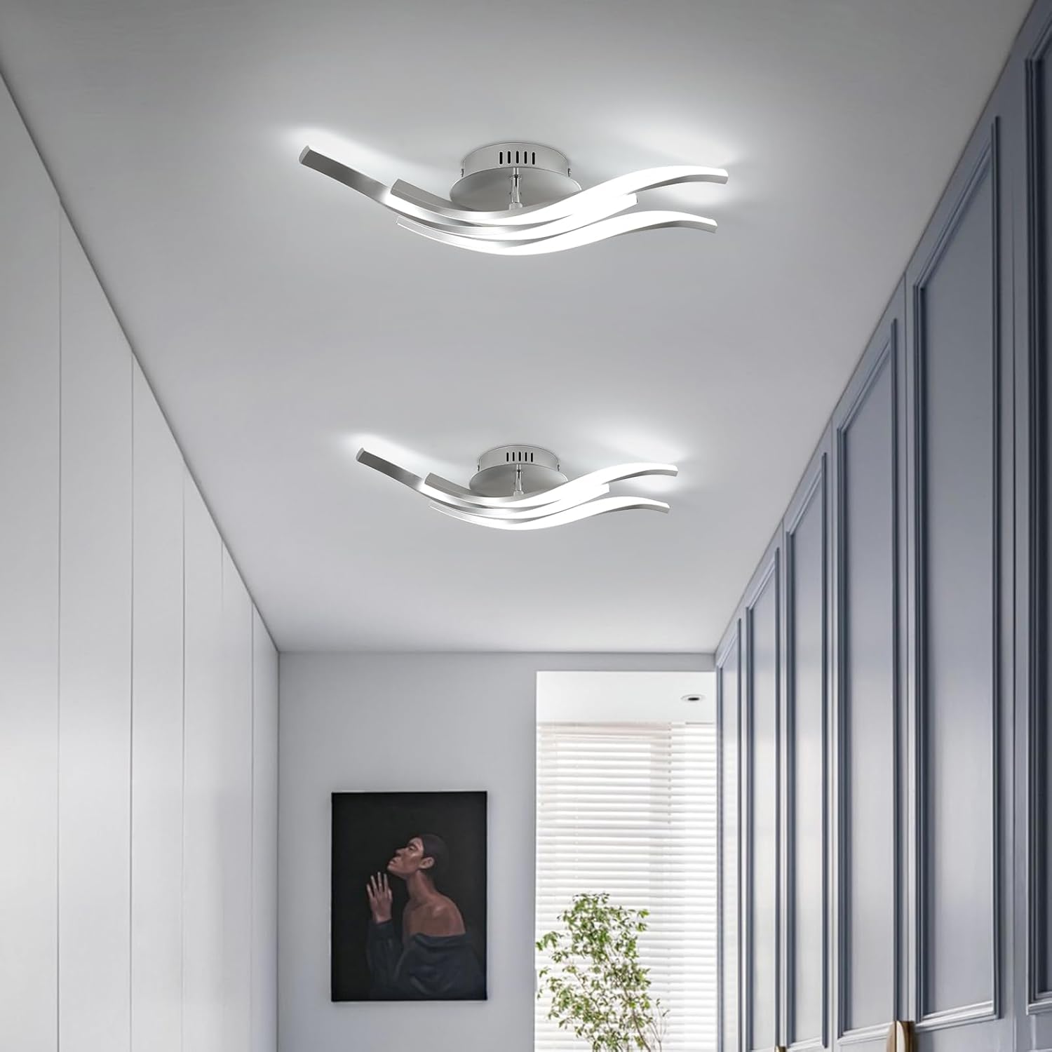 LED Ceiling Light – 24W, 2700LM, 3-Curved Silver Ceiling Lamp, Modern Wave Design, Cold White 6500K, 52cm Long Flush Mount Lighting for Living Room, Kitchen, Bedroom, Corridor