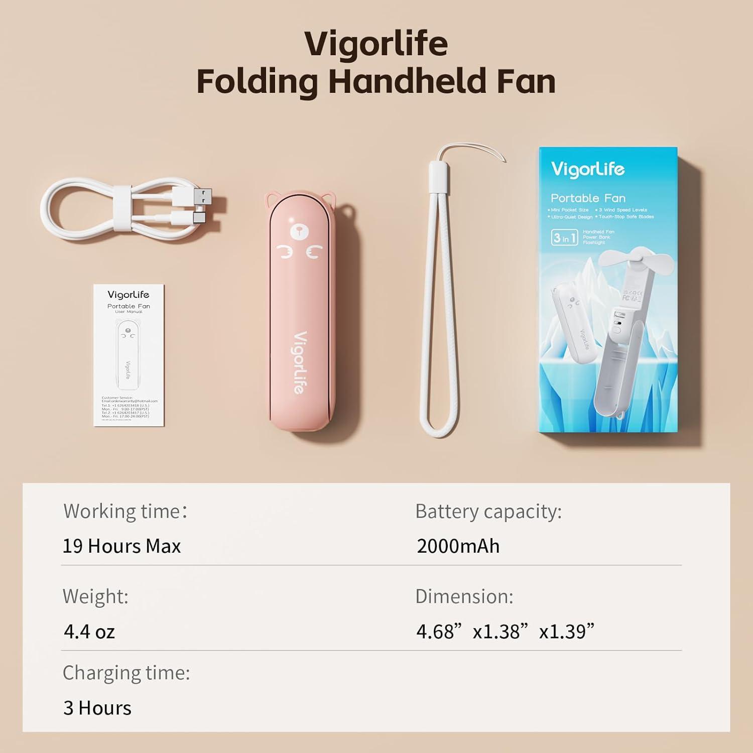 Mini Handheld Fan,USB Rechargeable 3 IN 1 Personal Cooler Fans with Power Bank,LED Flashlight,Small Foldable Pocket Fan-Travel & Emergency Essentials for Outdoor Portable Cooling Fan (Pink)